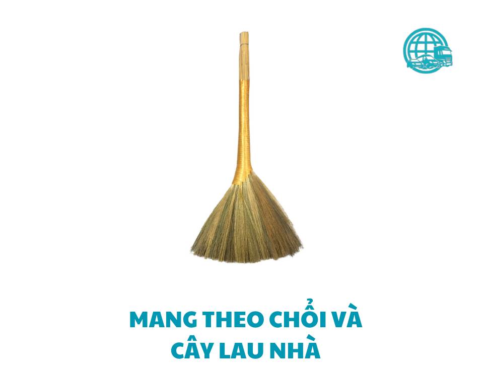 Mang theo chổi và cây lau nhà