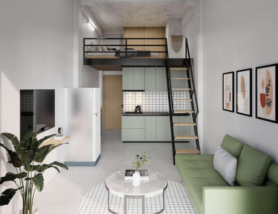 Thiết kế phòng trọ có gác lửng hoặc diện tích lớn hơn (~20–30 m²)