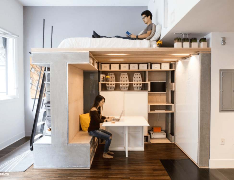thiết kế phòng trọ 12m2 có gác lửng